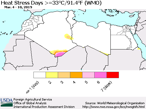 North Africa Heat Stress Days >=35°C/95°F (WMO) Thematic Map For 3/4/2019 - 3/10/2019