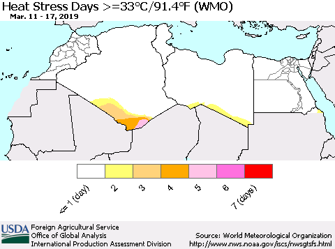 North Africa Heat Stress Days >=35°C/95°F (WMO) Thematic Map For 3/11/2019 - 3/17/2019