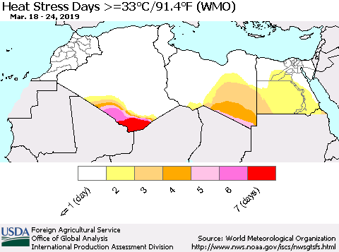 North Africa Heat Stress Days >=35°C/95°F (WMO) Thematic Map For 3/18/2019 - 3/24/2019