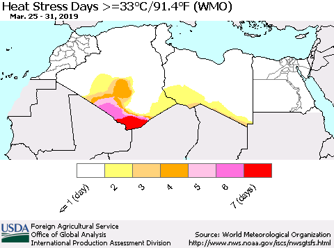 North Africa Heat Stress Days >=35°C/95°F (WMO) Thematic Map For 3/25/2019 - 3/31/2019