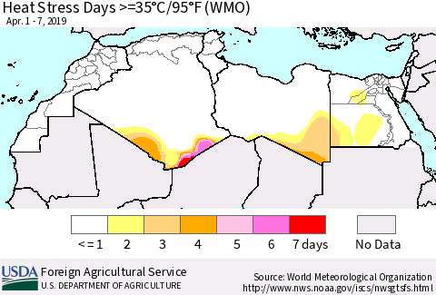 North Africa Heat Stress Days >=35°C/95°F (WMO) Thematic Map For 4/1/2019 - 4/7/2019