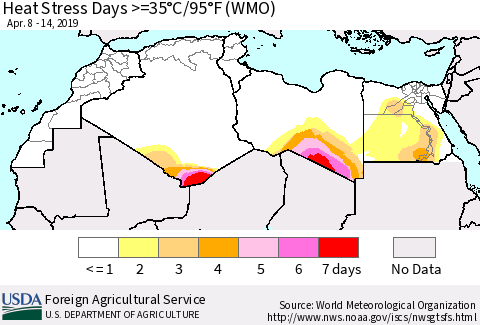 North Africa Heat Stress Days >=35°C/95°F (WMO) Thematic Map For 4/8/2019 - 4/14/2019