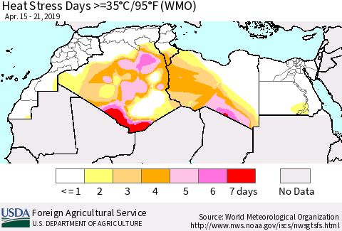 North Africa Heat Stress Days >=35°C/95°F (WMO) Thematic Map For 4/15/2019 - 4/21/2019