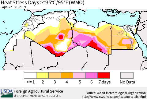 North Africa Heat Stress Days >=35°C/95°F (WMO) Thematic Map For 4/22/2019 - 4/28/2019