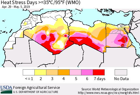North Africa Heat Stress Days >=35°C/95°F (WMO) Thematic Map For 4/29/2019 - 5/5/2019