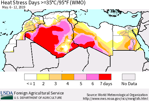 North Africa Heat Stress Days >=35°C/95°F (WMO) Thematic Map For 5/6/2019 - 5/12/2019