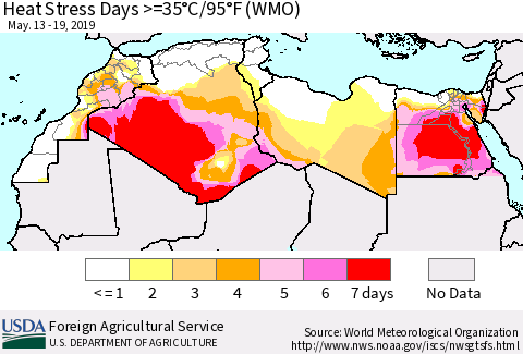 North Africa Heat Stress Days >=35°C/95°F (WMO) Thematic Map For 5/13/2019 - 5/19/2019