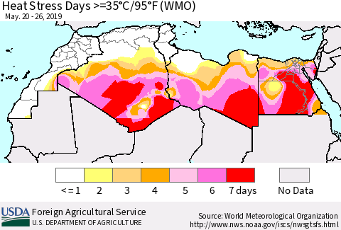 North Africa Heat Stress Days >=35°C/95°F (WMO) Thematic Map For 5/20/2019 - 5/26/2019