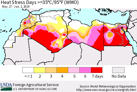 North Africa Heat Stress Days >=35°C/95°F (WMO) Thematic Map For 5/27/2019 - 6/2/2019