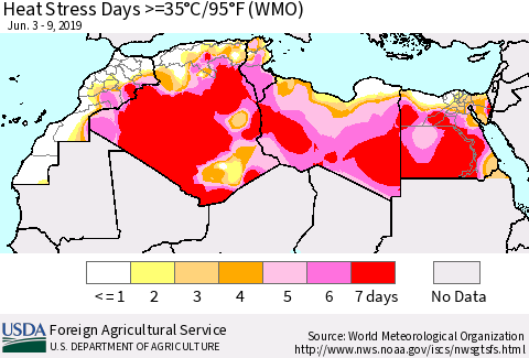 North Africa Heat Stress Days >=35°C/95°F (WMO) Thematic Map For 6/3/2019 - 6/9/2019