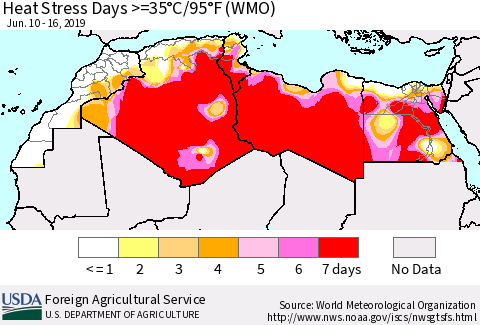 North Africa Heat Stress Days >=35°C/95°F (WMO) Thematic Map For 6/10/2019 - 6/16/2019