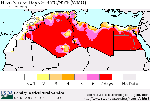 North Africa Heat Stress Days >=35°C/95°F (WMO) Thematic Map For 6/17/2019 - 6/23/2019