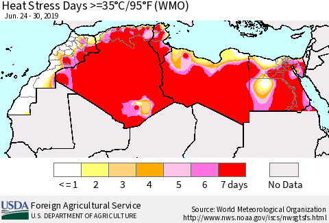 North Africa Heat Stress Days >=35°C/95°F (WMO) Thematic Map For 6/24/2019 - 6/30/2019