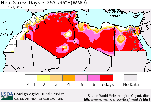 North Africa Heat Stress Days >=35°C/95°F (WMO) Thematic Map For 7/1/2019 - 7/7/2019