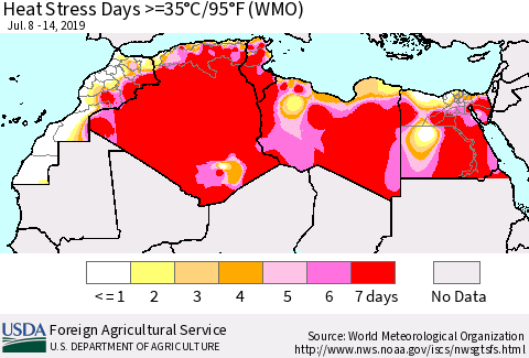North Africa Heat Stress Days >=35°C/95°F (WMO) Thematic Map For 7/8/2019 - 7/14/2019