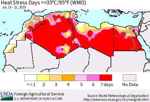 North Africa Heat Stress Days >=35°C/95°F (WMO) Thematic Map For 7/15/2019 - 7/21/2019