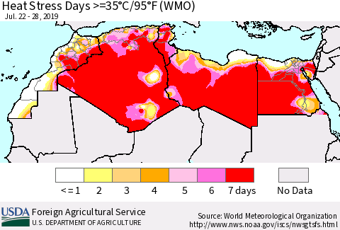 North Africa Heat Stress Days >=35°C/95°F (WMO) Thematic Map For 7/22/2019 - 7/28/2019