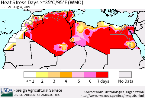 North Africa Heat Stress Days >=35°C/95°F (WMO) Thematic Map For 7/29/2019 - 8/4/2019