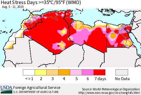 North Africa Heat Stress Days >=35°C/95°F (WMO) Thematic Map For 8/5/2019 - 8/11/2019