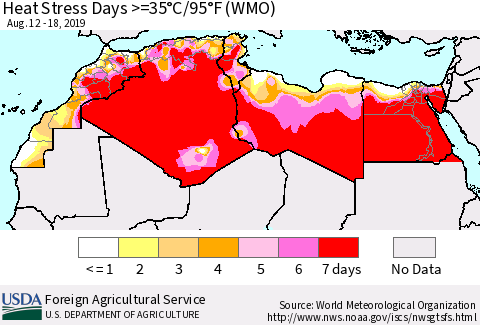 North Africa Heat Stress Days >=35°C/95°F (WMO) Thematic Map For 8/12/2019 - 8/18/2019