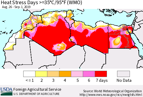 North Africa Heat Stress Days >=35°C/95°F (WMO) Thematic Map For 8/26/2019 - 9/1/2019