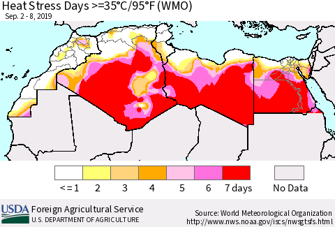 North Africa Heat Stress Days >=35°C/95°F (WMO) Thematic Map For 9/2/2019 - 9/8/2019