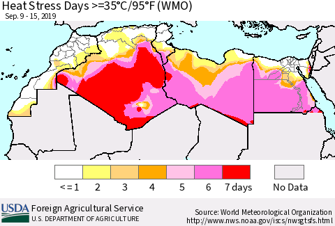 North Africa Heat Stress Days >=35°C/95°F (WMO) Thematic Map For 9/9/2019 - 9/15/2019