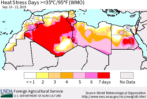 North Africa Heat Stress Days >=35°C/95°F (WMO) Thematic Map For 9/16/2019 - 9/22/2019