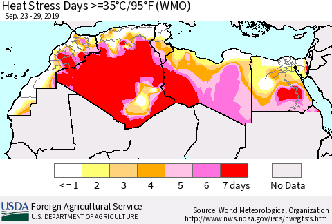 North Africa Heat Stress Days >=35°C/95°F (WMO) Thematic Map For 9/23/2019 - 9/29/2019
