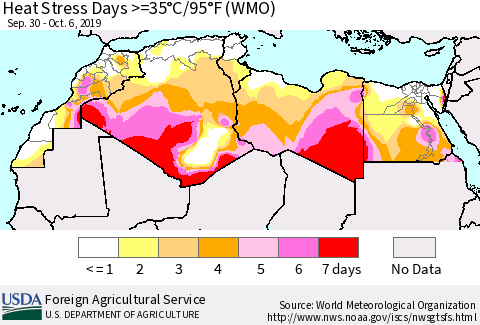 North Africa Heat Stress Days >=35°C/95°F (WMO) Thematic Map For 9/30/2019 - 10/6/2019