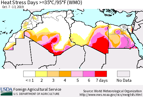 North Africa Heat Stress Days >=35°C/95°F (WMO) Thematic Map For 10/7/2019 - 10/13/2019