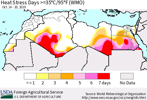 North Africa Heat Stress Days >=35°C/95°F (WMO) Thematic Map For 10/14/2019 - 10/20/2019