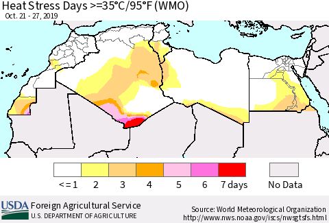 North Africa Heat Stress Days >=35°C/95°F (WMO) Thematic Map For 10/21/2019 - 10/27/2019