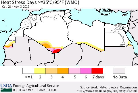 North Africa Heat Stress Days >=35°C/95°F (WMO) Thematic Map For 10/28/2019 - 11/3/2019