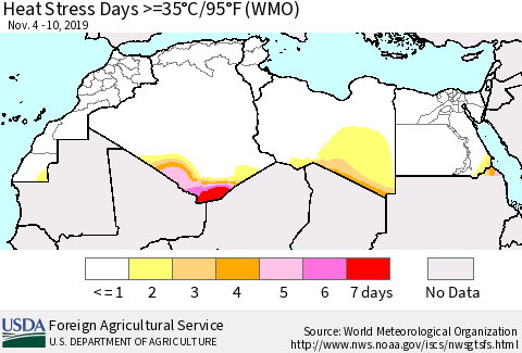 North Africa Heat Stress Days >=35°C/95°F (WMO) Thematic Map For 11/4/2019 - 11/10/2019