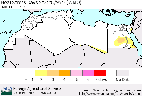 North Africa Heat Stress Days >=35°C/95°F (WMO) Thematic Map For 11/11/2019 - 11/17/2019