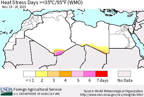 North Africa Heat Stress Days >=35°C/95°F (WMO) Thematic Map For 11/18/2019 - 11/24/2019