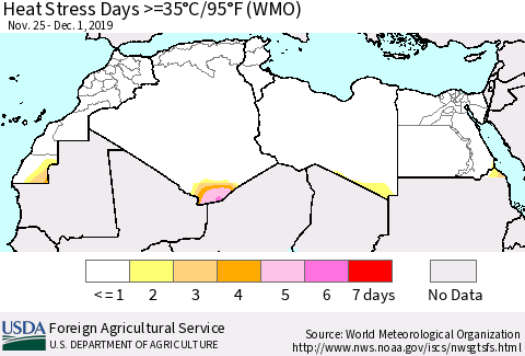 North Africa Heat Stress Days >=35°C/95°F (WMO) Thematic Map For 11/25/2019 - 12/1/2019