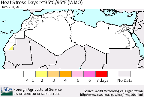 North Africa Heat Stress Days >=35°C/95°F (WMO) Thematic Map For 12/2/2019 - 12/8/2019