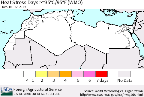 North Africa Heat Stress Days >=35°C/95°F (WMO) Thematic Map For 12/16/2019 - 12/22/2019