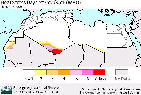 North Africa Heat Stress Days >=35°C/95°F (WMO) Thematic Map For 3/2/2020 - 3/8/2020