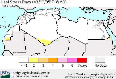 North Africa Heat Stress Days >=35°C/95°F (WMO) Thematic Map For 3/9/2020 - 3/15/2020