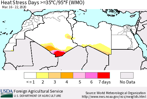 North Africa Heat Stress Days >=35°C/95°F (WMO) Thematic Map For 3/16/2020 - 3/22/2020
