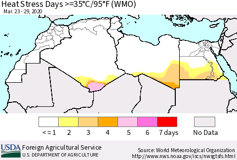 North Africa Heat Stress Days >=35°C/95°F (WMO) Thematic Map For 3/23/2020 - 3/29/2020