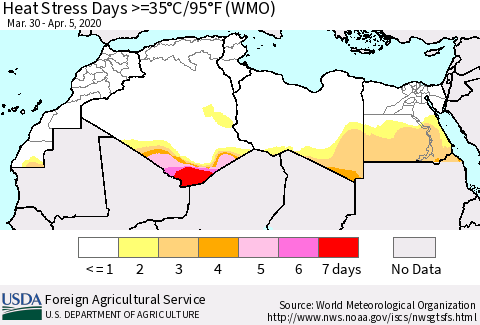 North Africa Heat Stress Days >=35°C/95°F (WMO) Thematic Map For 3/30/2020 - 4/5/2020