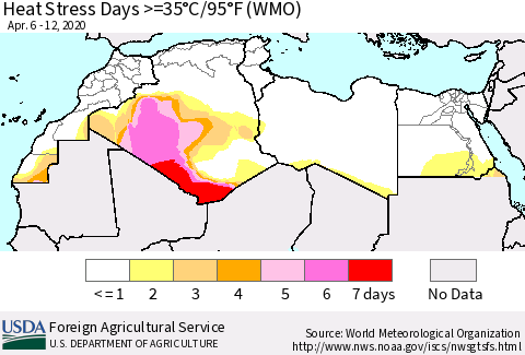North Africa Heat Stress Days >=35°C/95°F (WMO) Thematic Map For 4/6/2020 - 4/12/2020