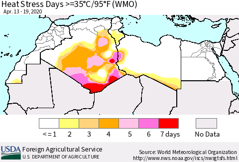 North Africa Heat Stress Days >=35°C/95°F (WMO) Thematic Map For 4/13/2020 - 4/19/2020