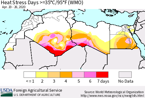 North Africa Heat Stress Days >=35°C/95°F (WMO) Thematic Map For 4/20/2020 - 4/26/2020