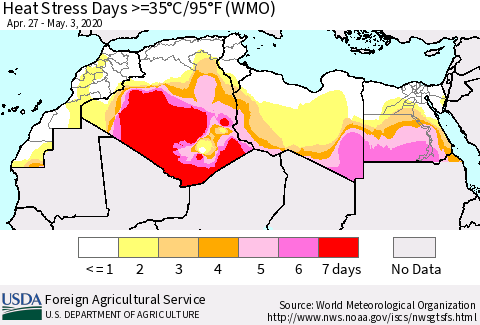 North Africa Heat Stress Days >=35°C/95°F (WMO) Thematic Map For 4/27/2020 - 5/3/2020