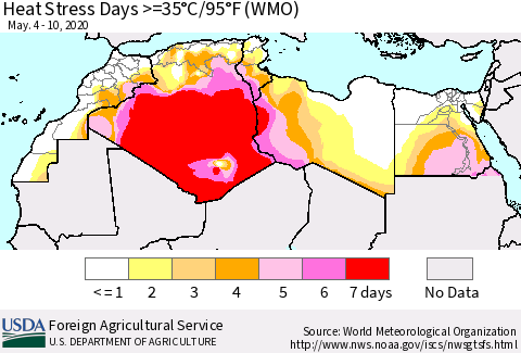 North Africa Heat Stress Days >=35°C/95°F (WMO) Thematic Map For 5/4/2020 - 5/10/2020